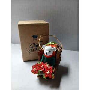 Avon Log Cabin Cutie Polar Bear Sled Christmas Tree Ornament Holiday Vintage Box